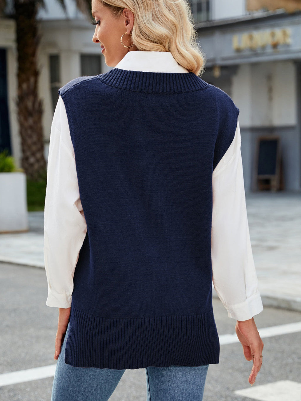 Brown V-Neck Sweater Vest with Side Slits - Image 11