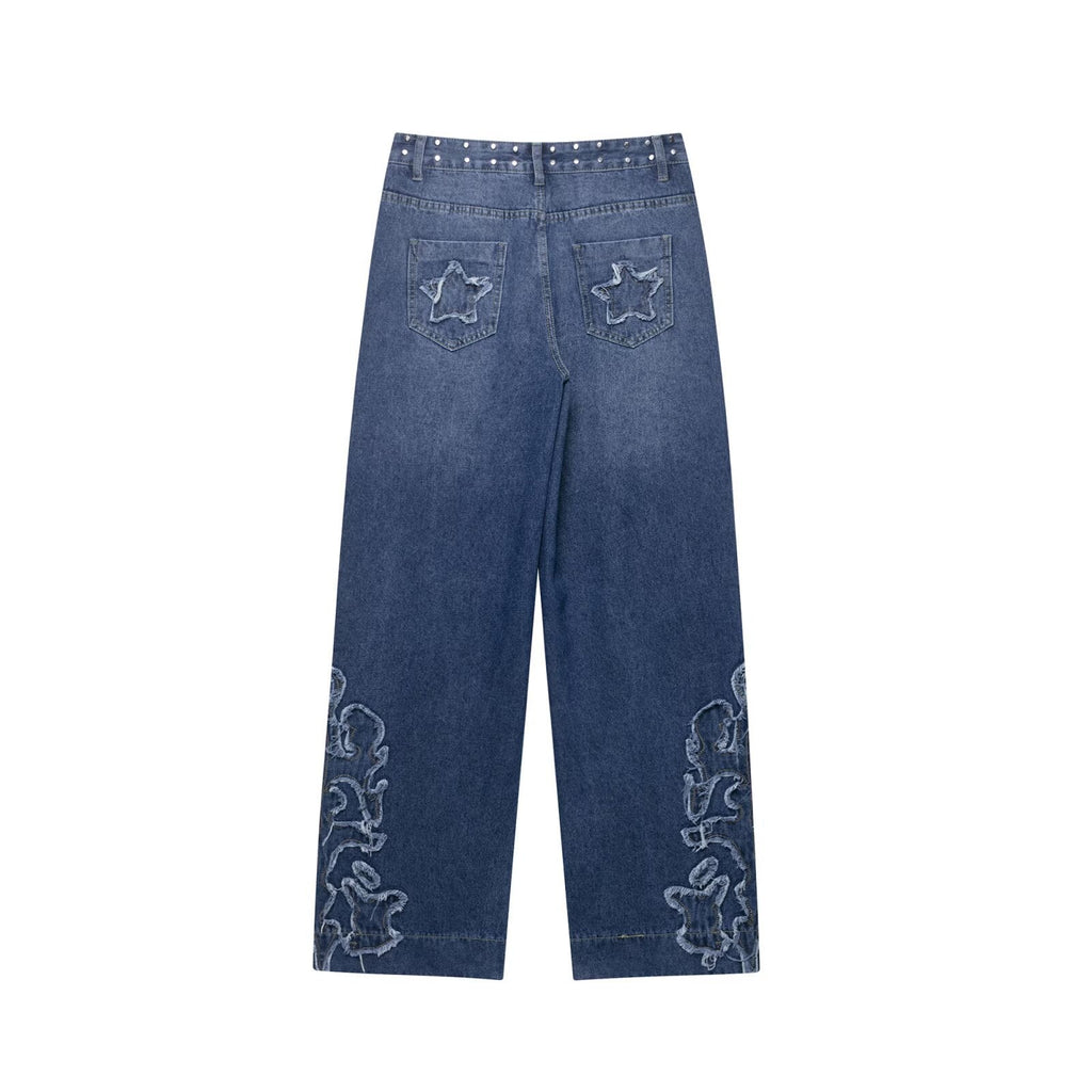 Dark Blue Harajuku Studded Embroidered Straight Leg Jeans - Image 2