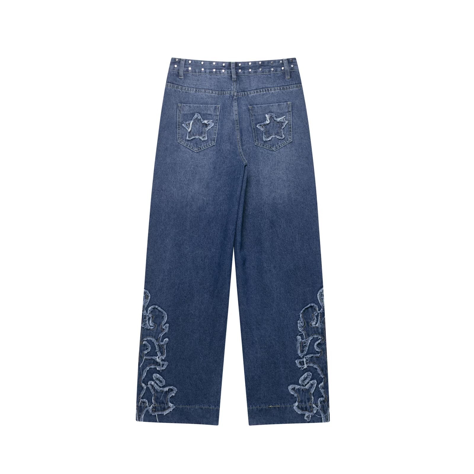 Dark Blue Harajuku Studded Embroidered Straight Leg Jeans - Image 2