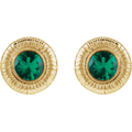 A pair of round, emerald green bezel-set stud earrings in polished 14K gold-filled metal.