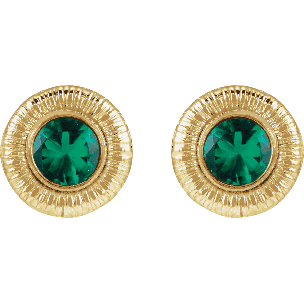 A pair of round, emerald green bezel-set stud earrings in polished 14K gold-filled metal.
