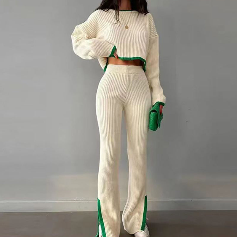 Women's Casual Ribbed Color-Block Two-Piece Crop Top & Pant Set - Image 6