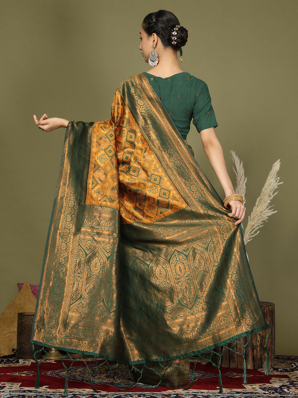 Yellow Lichi Silk Saree with Green Blouse