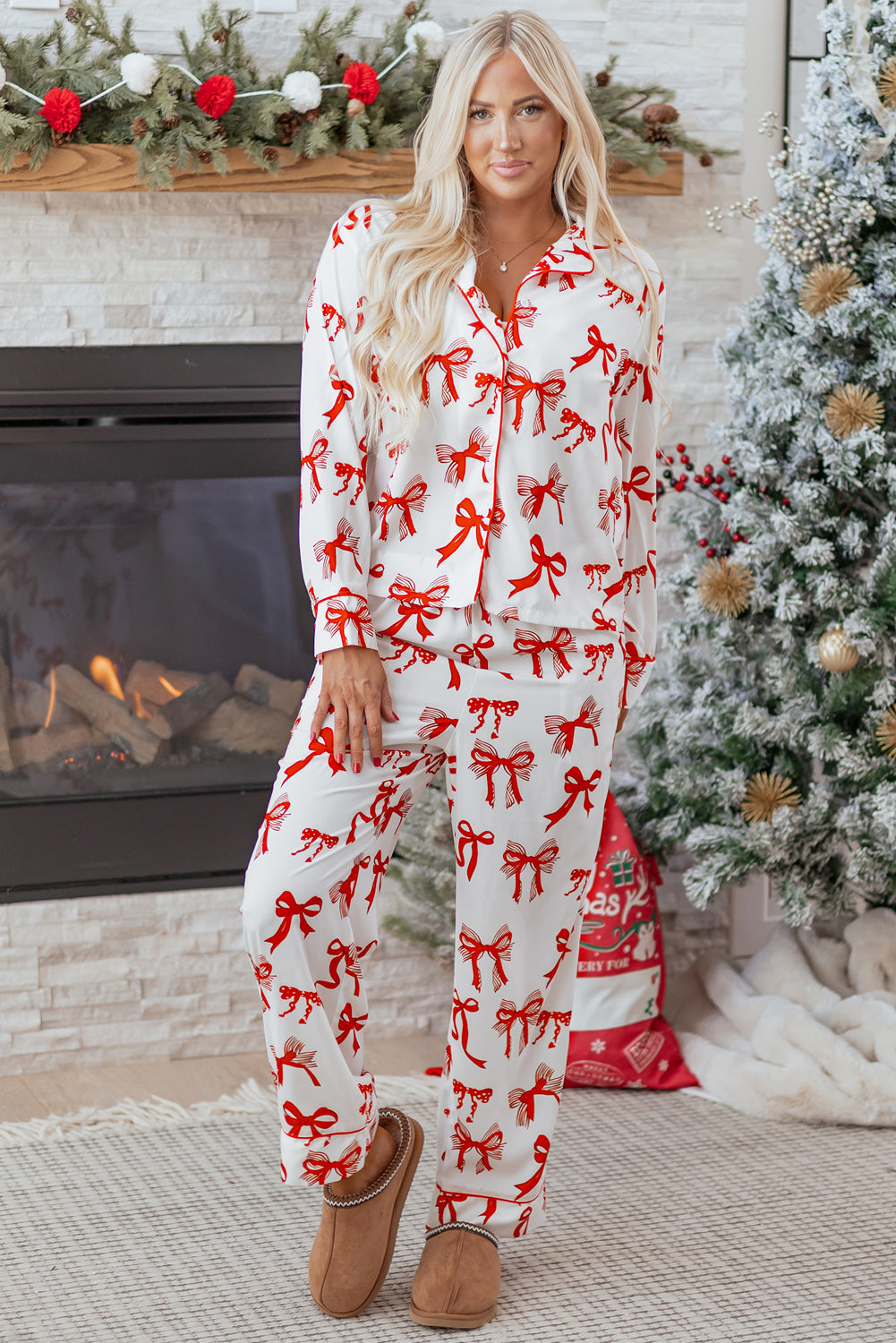 Women Festive Red Bow Print Long Sleeve Pajama Set - Image 5