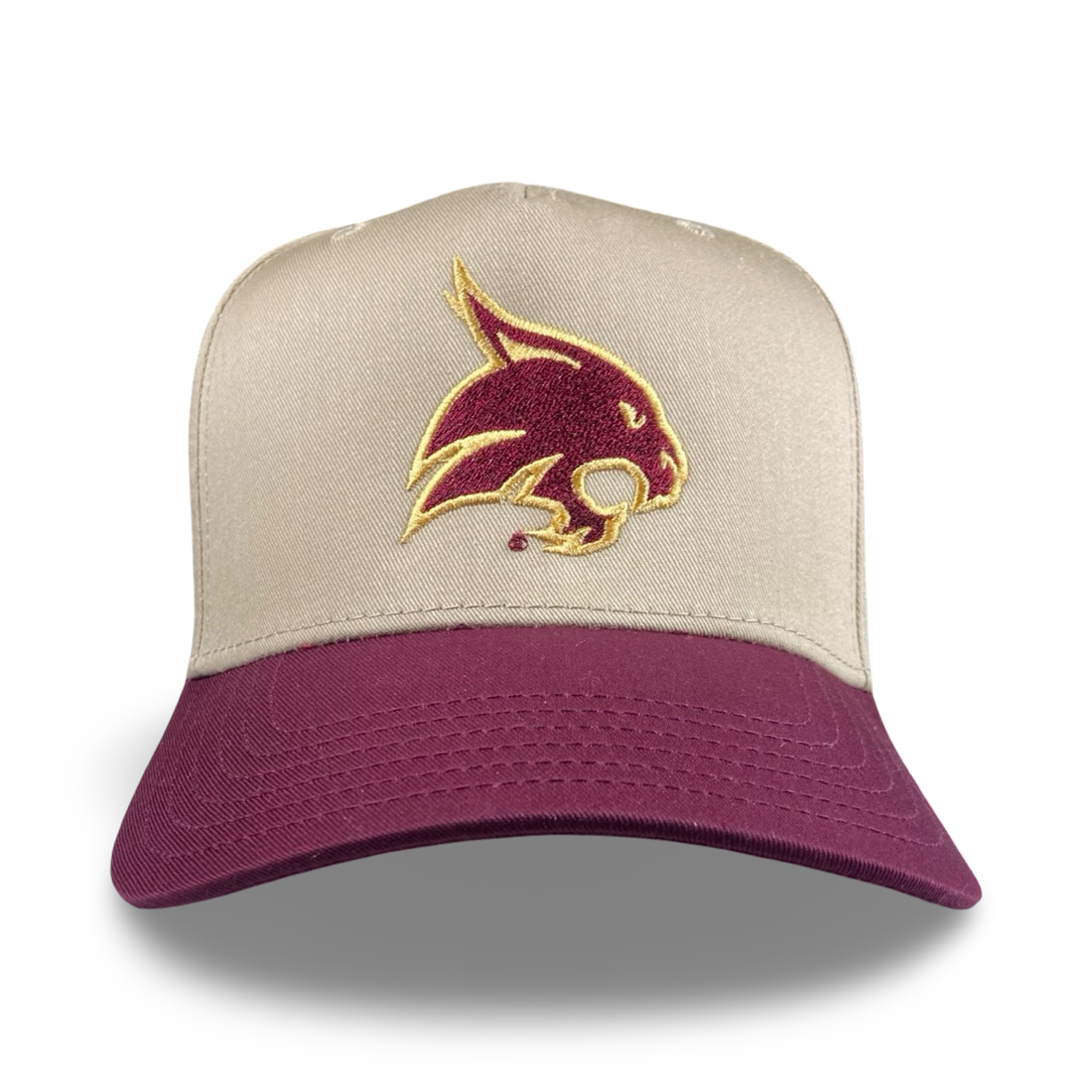 Texas State Bobcat trucker hat in khaki and maroon with premium embroidery.