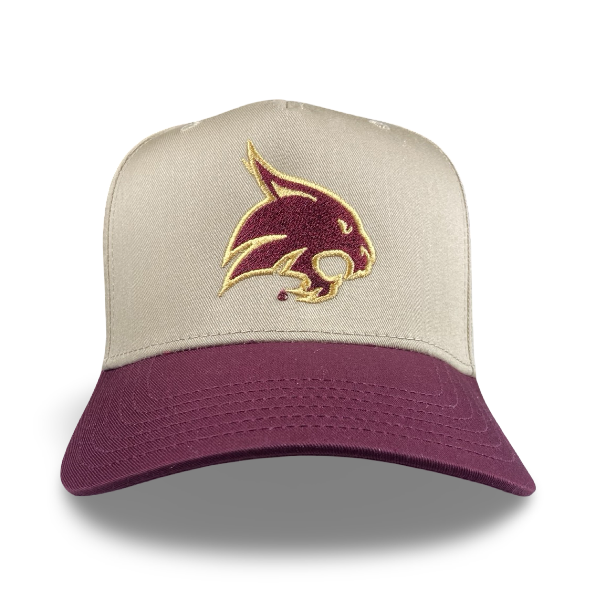 Texas State Bobcat trucker hat in khaki and maroon with premium embroidery.