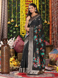 Elegant black linen cotton saree featuring a matching blouse piece