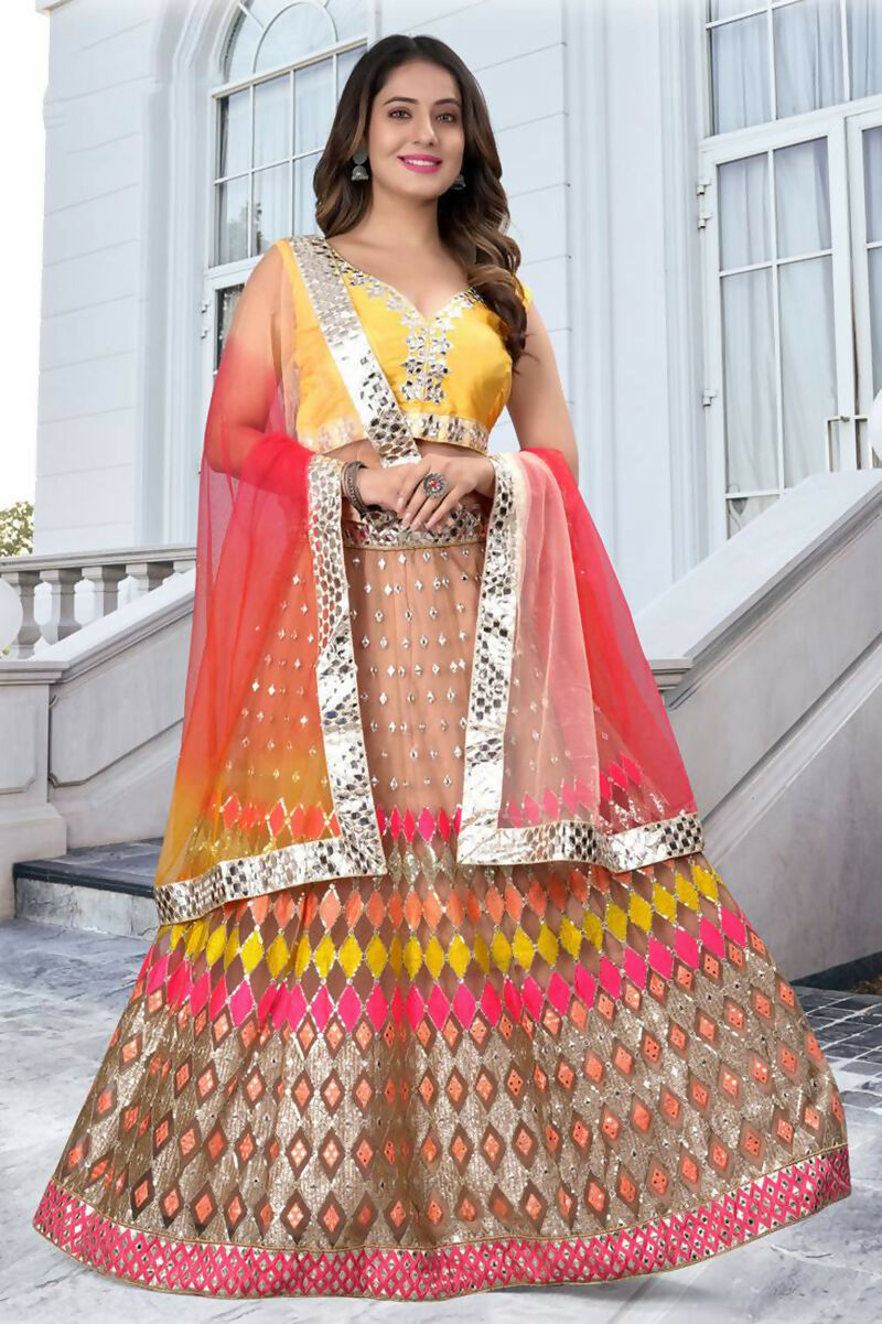 Multicolor butterfly net lehenga choli with mirror and sequence embroidery