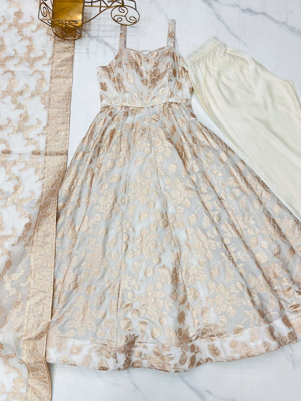 White Banarasi Jacquard Dola Silk Anarkali Gown with Pant & Dupatta