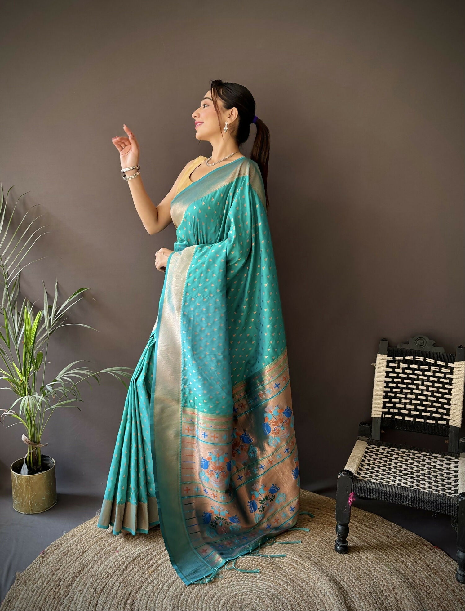 Teal Green Jacquard Butti Soft Lichi Silk Paithani Saree