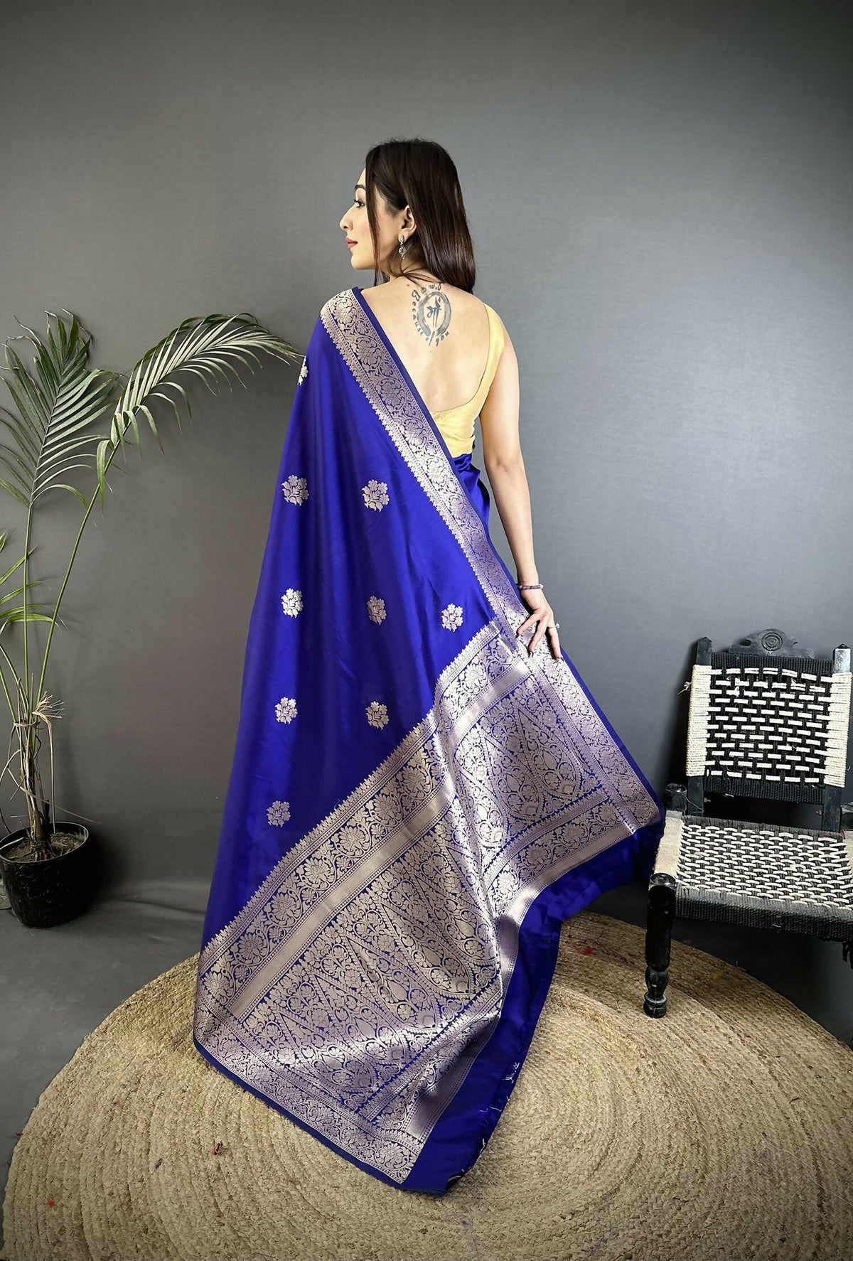 Royal Blue Floral Jacquard Banarasi Cotton Silk Saree