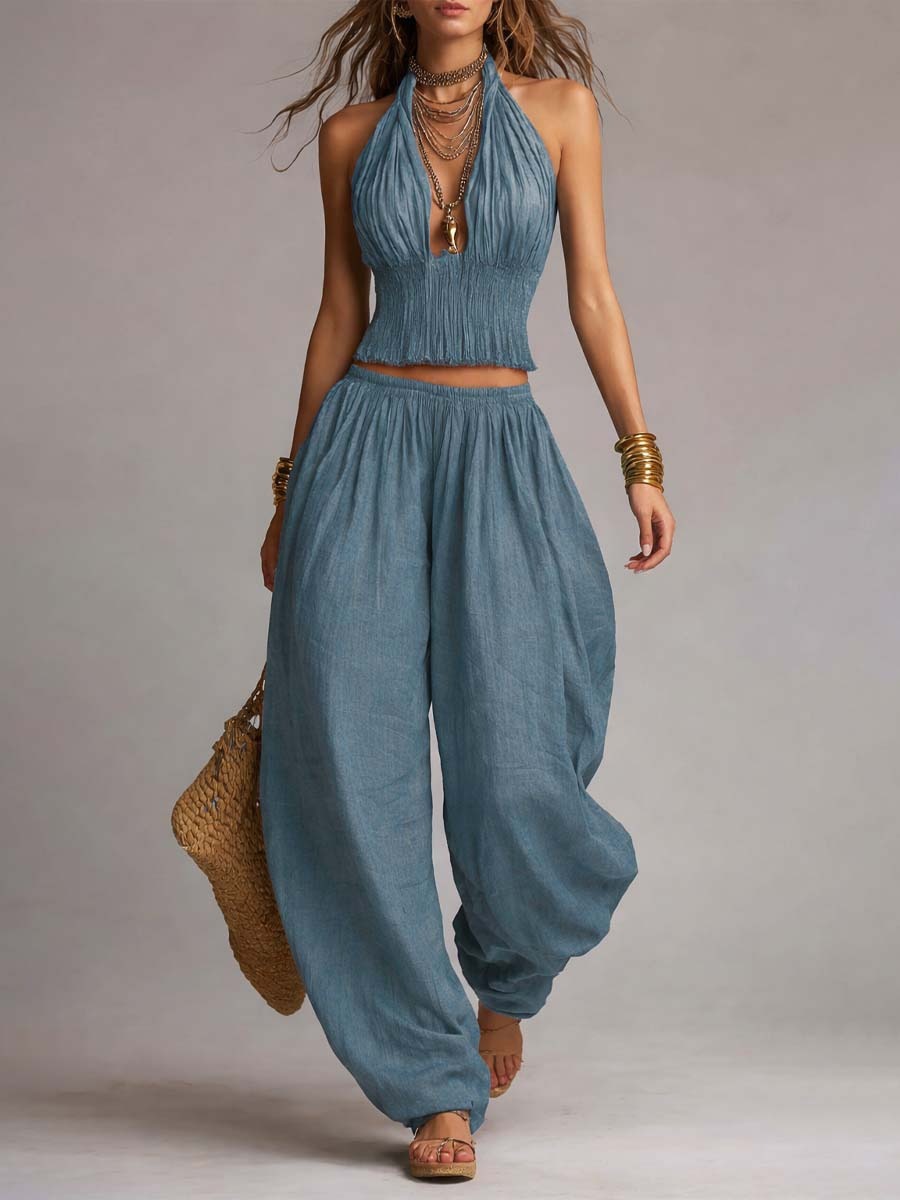 Women's Backless Halter Top & Wide-Leg Pants Set - Resort Wear