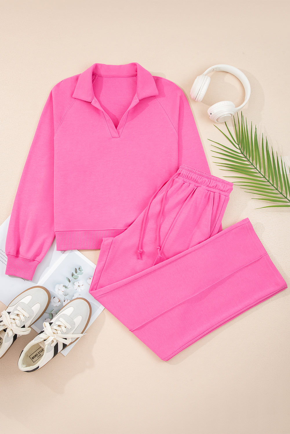 Women's Solid Collared Top and Central Seam Pants Loungewear Set