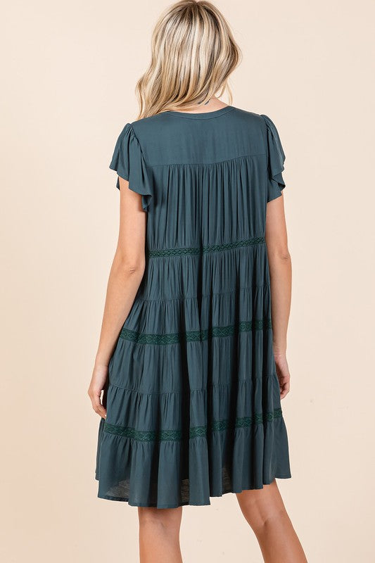 Lace Detail Ruffled Button Down Tiered Cotton Dress