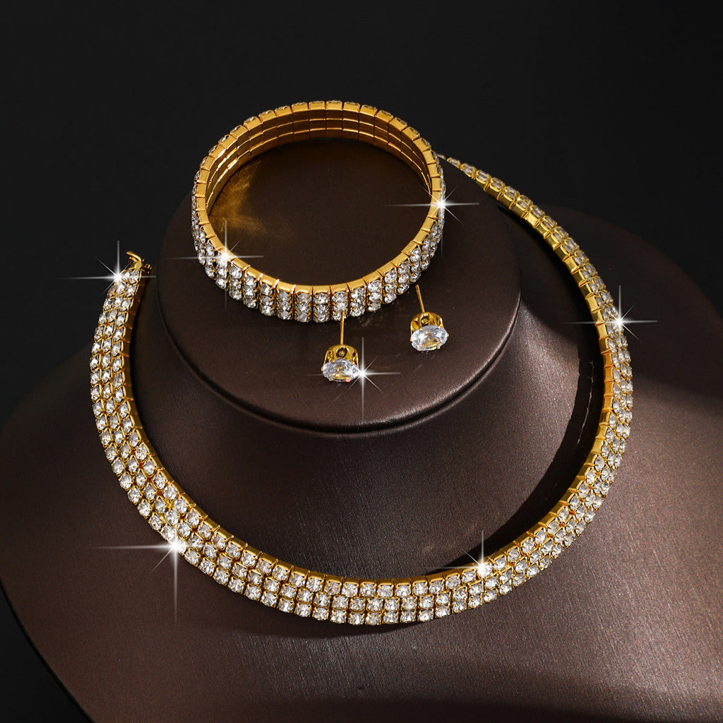 European And American Cross-Border Jewelry Three-Row Rhinestone Necklace Zircon Earrings Bracelet Elastic Ring Bridal Suit Dress Accessories
