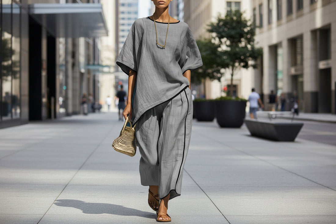 Women's Loose Linen-Blend Short Sleeve Top and Pant Set - Image 3