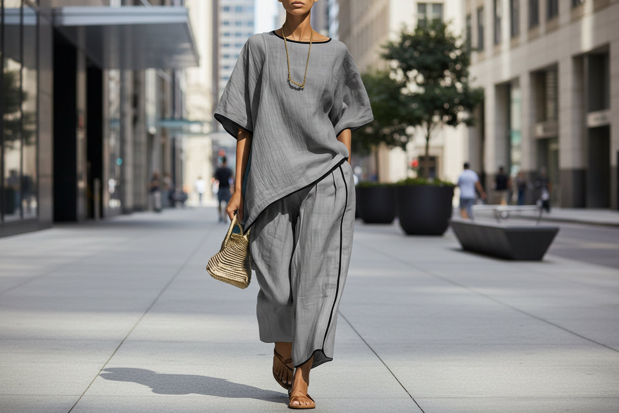 Women's Loose Linen-Blend Short Sleeve Top and Pant Set - Image 3