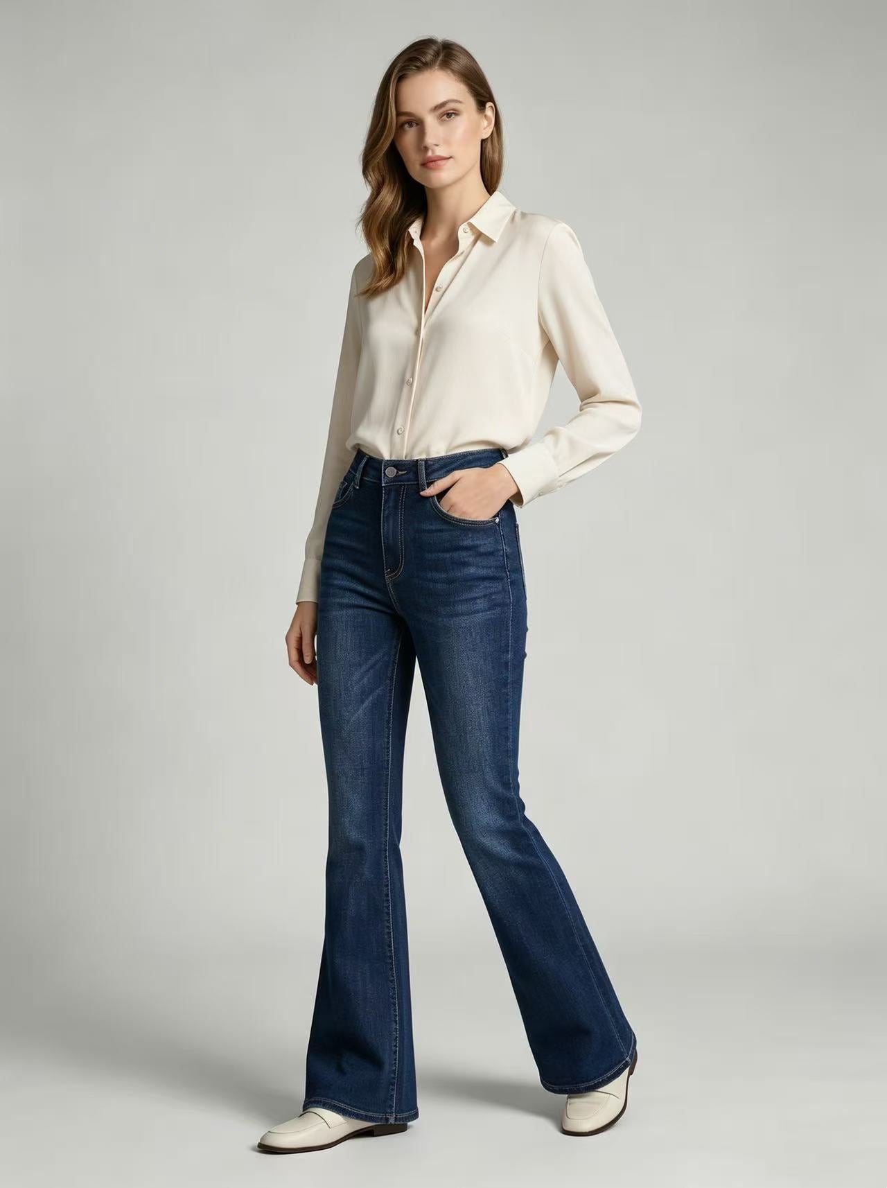 High-Waist Slim-Fit Flare Jeans: Full-Length Denim Pants