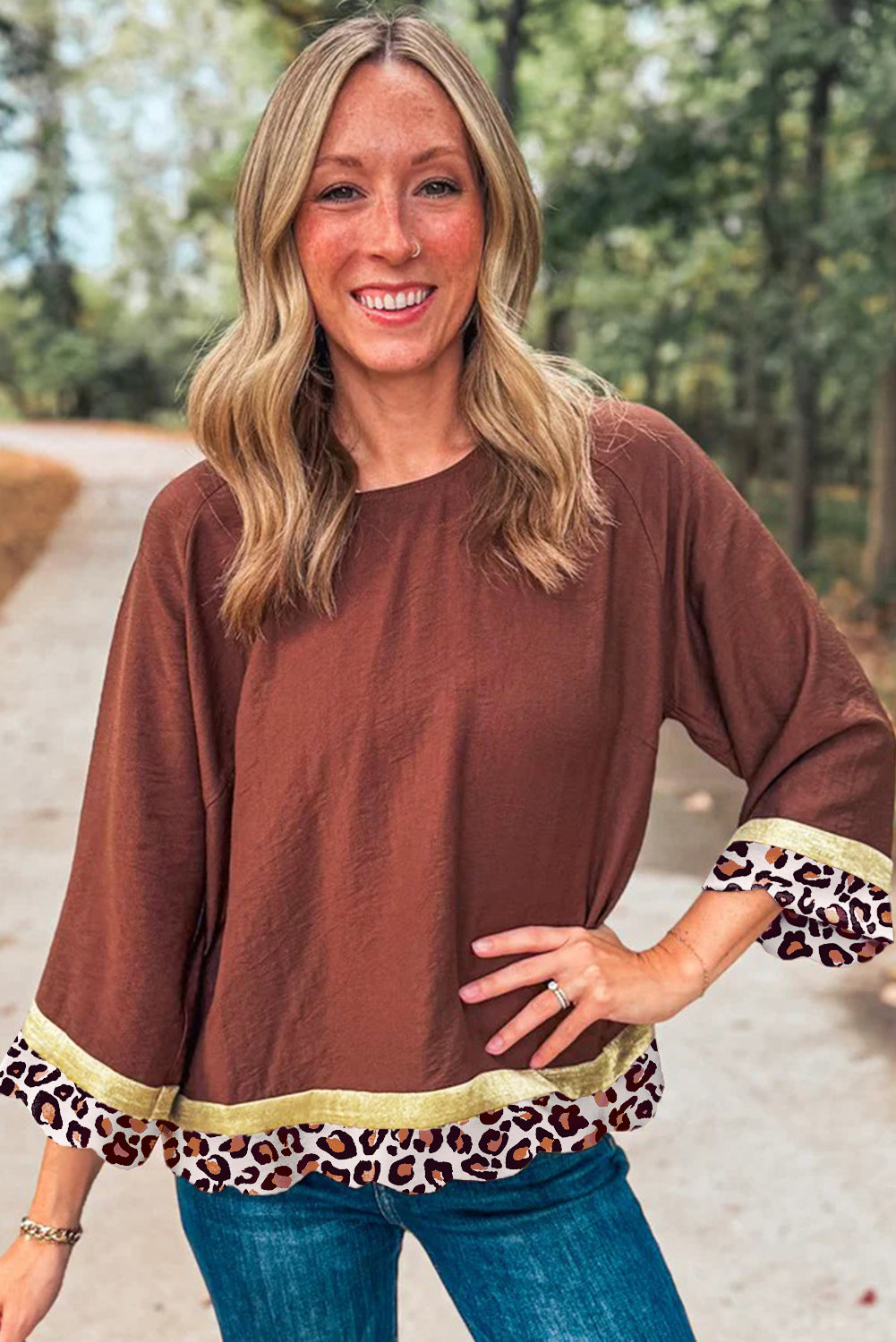 Clay Leopard Print Loose Bracelet Sleeve Top | Bohemian Casual