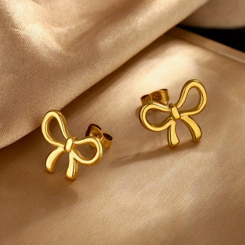Stainless Steel Gold Tone Jewelry Set For Women Ball Station Chain 3D Bow Knot Pendant Necklace Bow Stud Earrings Sweet Cute Minimalist Fashion Dropshipping Jewelry Gift