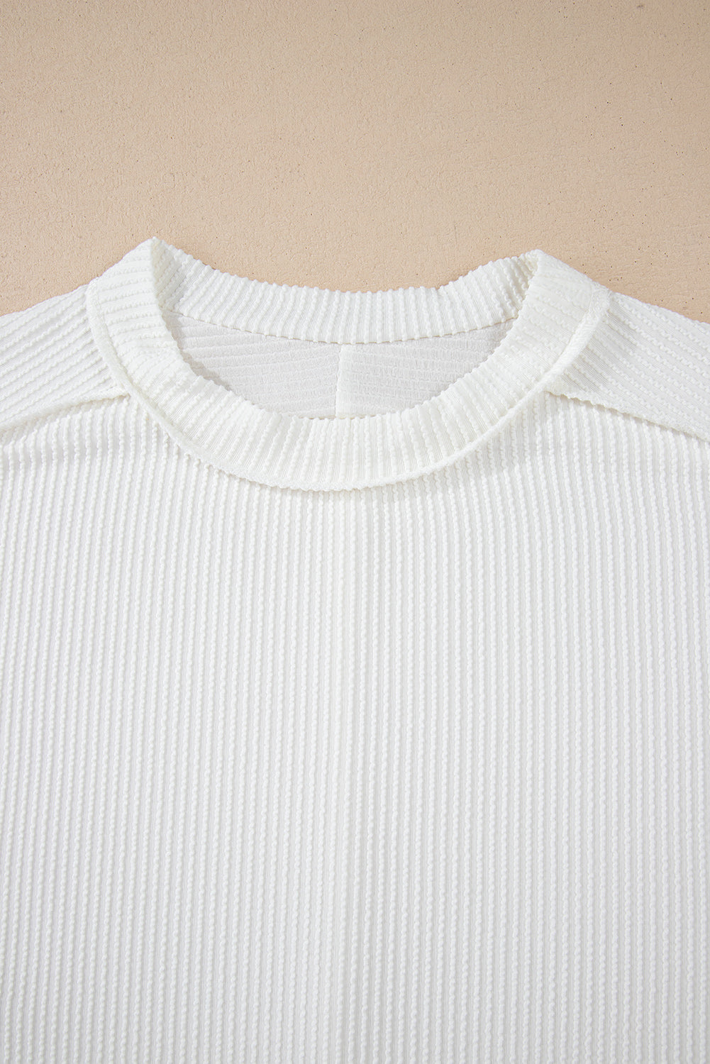 White Crinkle Rib Textured Knit Round Neck T-Shirt