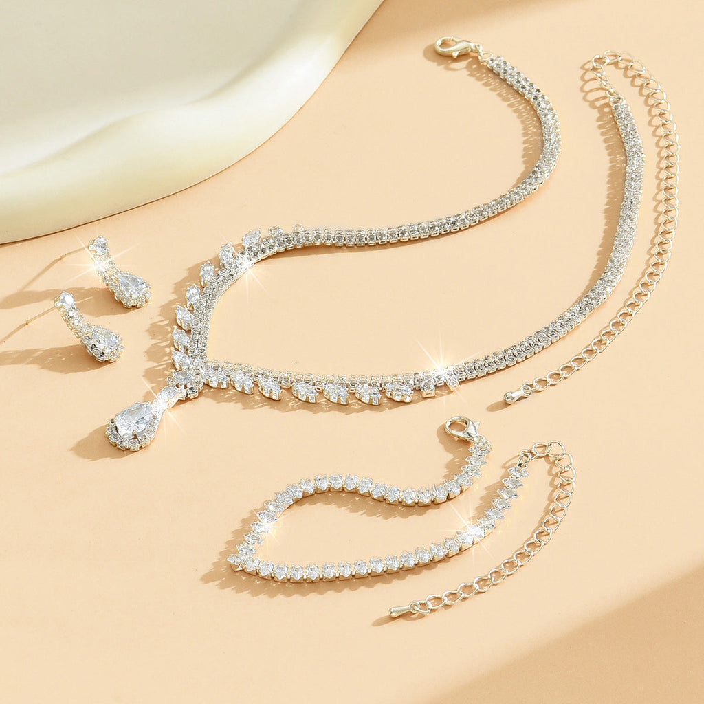 European And American New Style Water Drop Earrings, Necklace, Bracelet Three-Piece Set, Fashionable And Super Shiny, High-End Crystal Zircon Bridal Jewelry