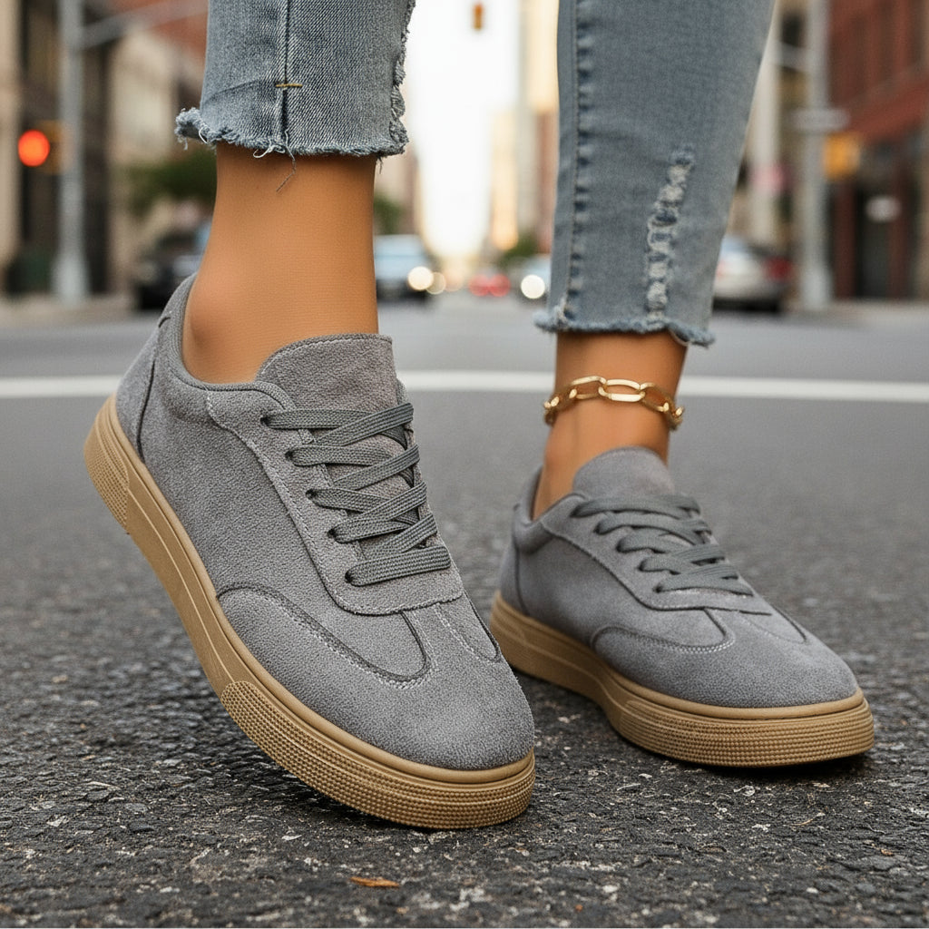 Women's Round Toe Lace-Up Casual Sneakers in Grey and Beige