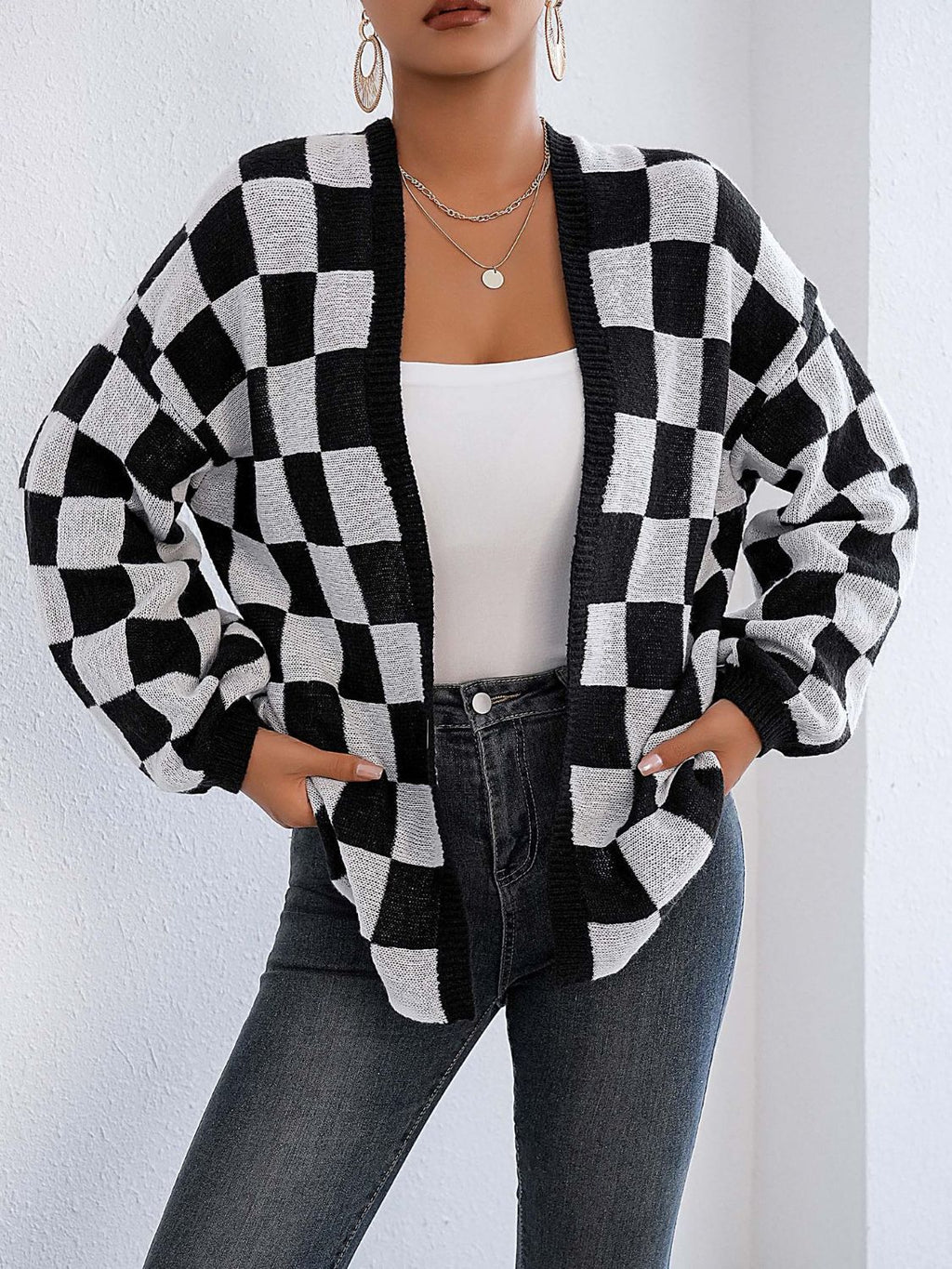 Black and White Checkered Cardigan - Checkered Open Front Long Sleeve Cardigan