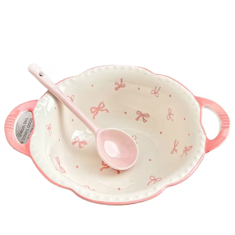 Large Ceramic Soup Bowl with Double Handles and Bowknot