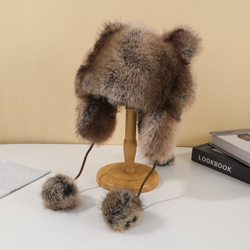Raccoon Tail Plush Winter Hat with Drawstring