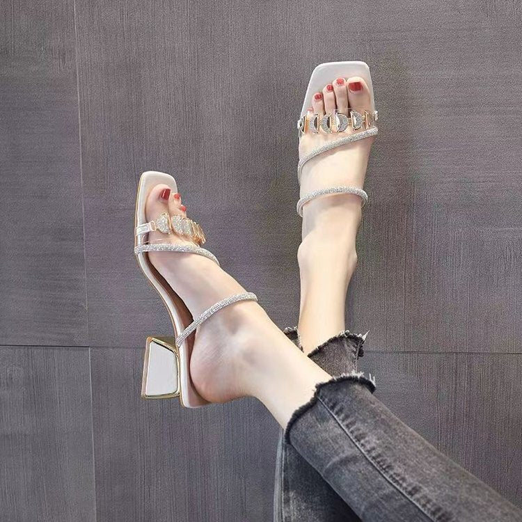 Women's Rhinestone Square Toe Mid Chunky Heel Slide Sandals - Image 2