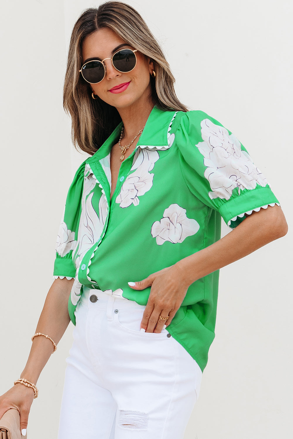 Floral Ric-Rac Edge Puff Sleeve Button-Up Shirt