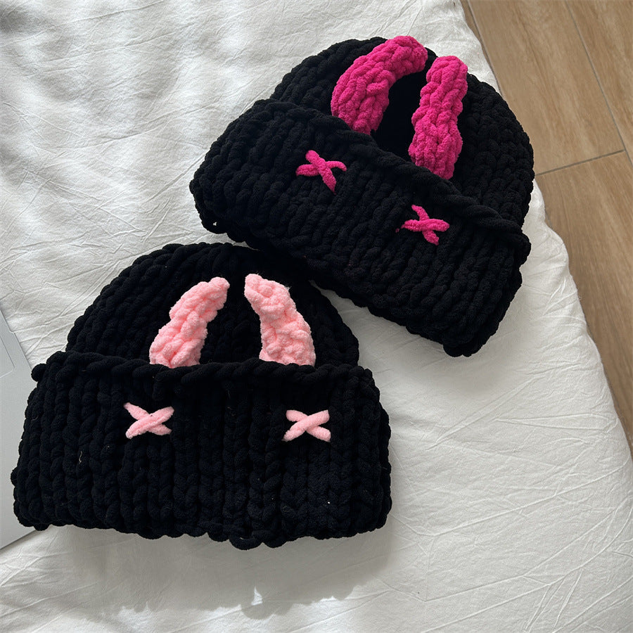Cute Devil Horn Hood Knit Hat with Mask – Thickened Warm Acrylic Beanie | Sweet Cool INS Style | 4 Colors: Pink, Rose Red, Blue & Red