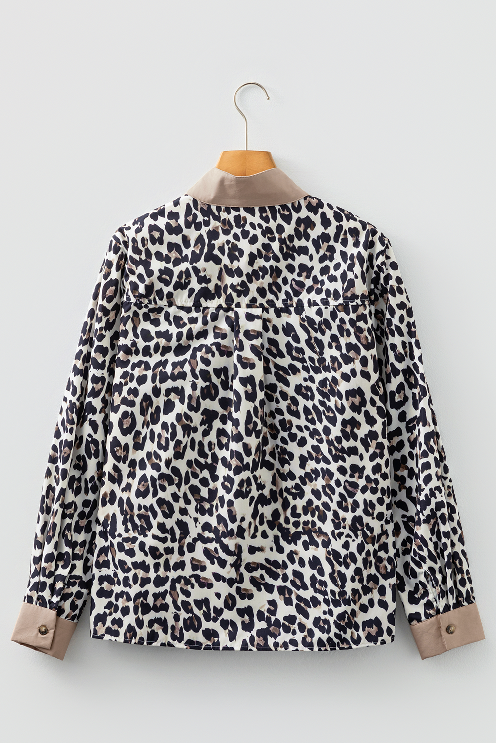 Leopard Button-Collar Contrast Patchwork Cuff Top