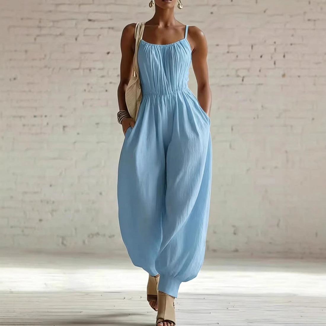 Women's Sleeveless Wide-Leg Jumpsuit – Knit, Low Waist, Flare Pants
