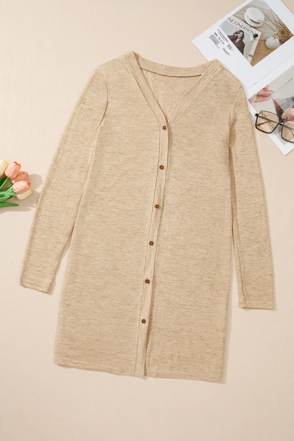 White Longline Open-Front Buttoned Cardigan - Lightweight Knit