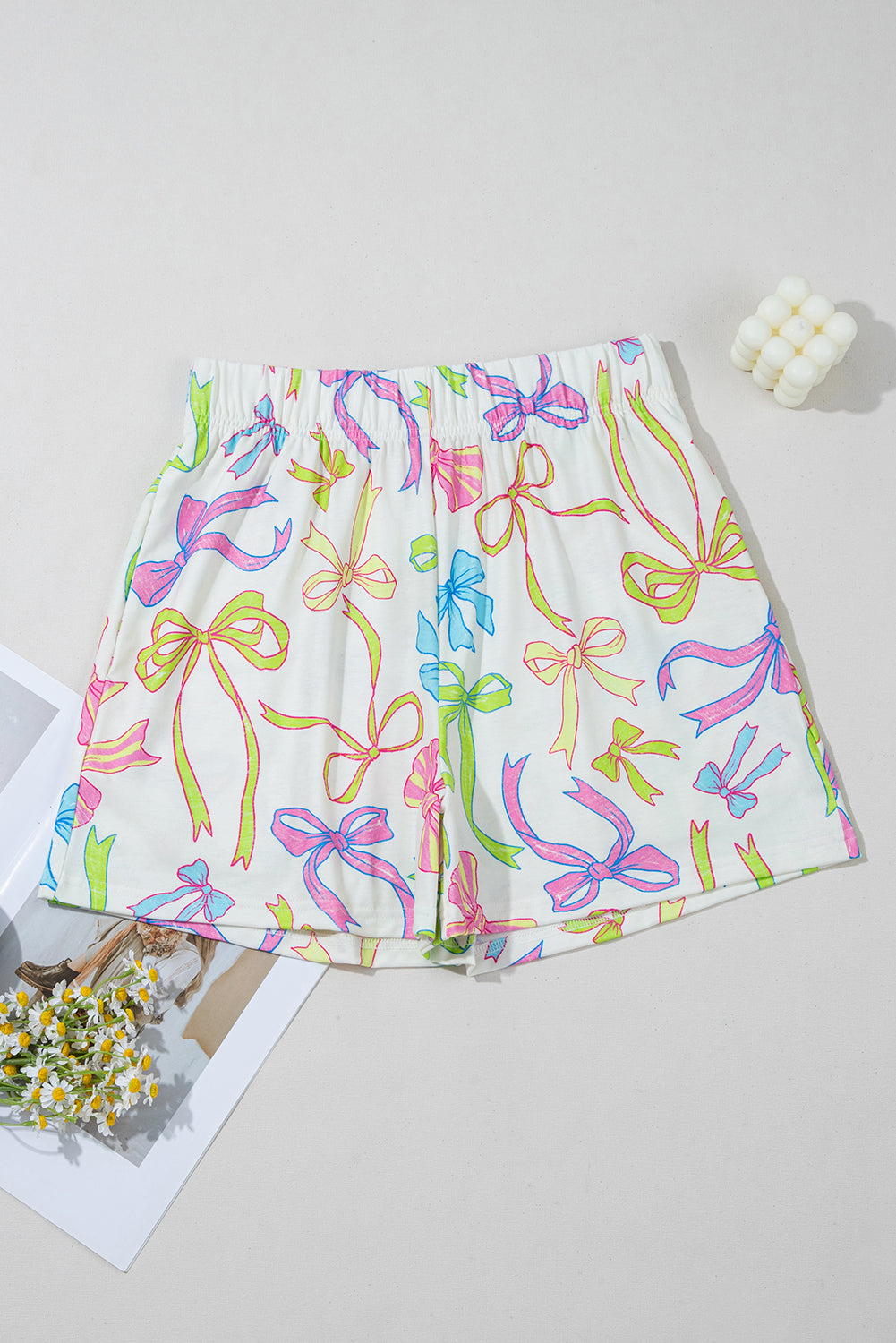 White Colorful Bow Print Pocket Shorts | Summer Elastic Blend
