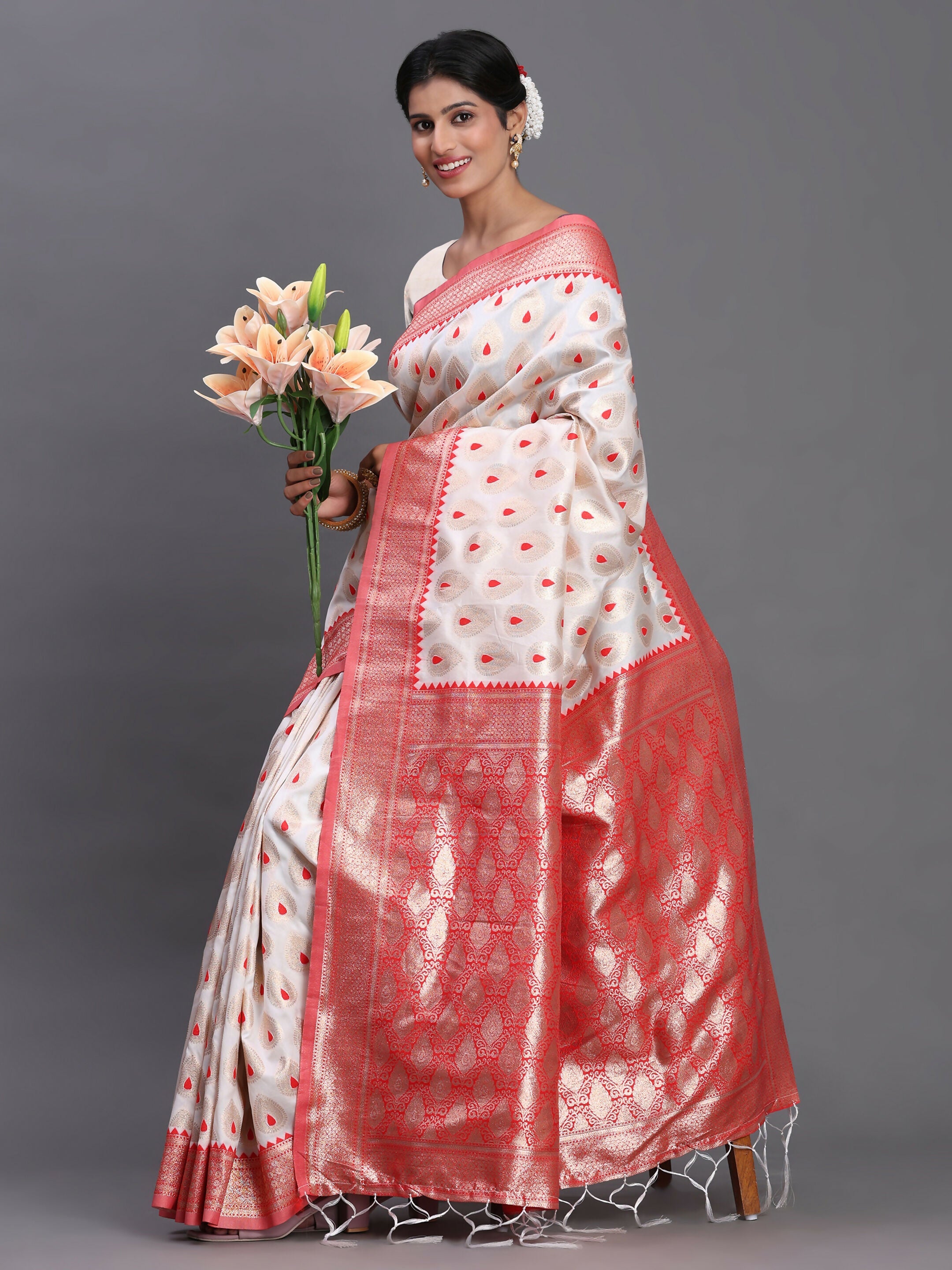 Banarasi Silk Saree in Red and White with Matching Blouse