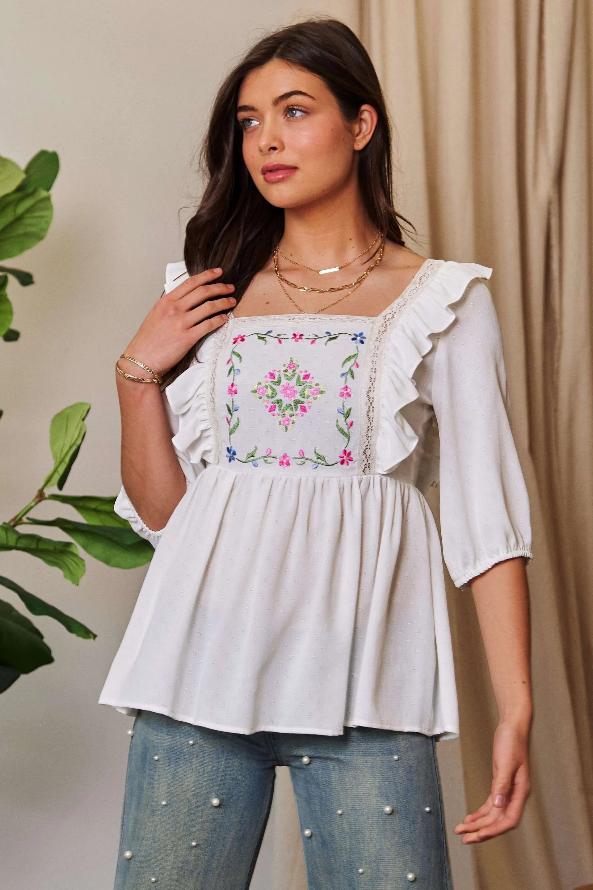 Davi & Dani Texture Tie Back Floral Embroidery Frill Blouse