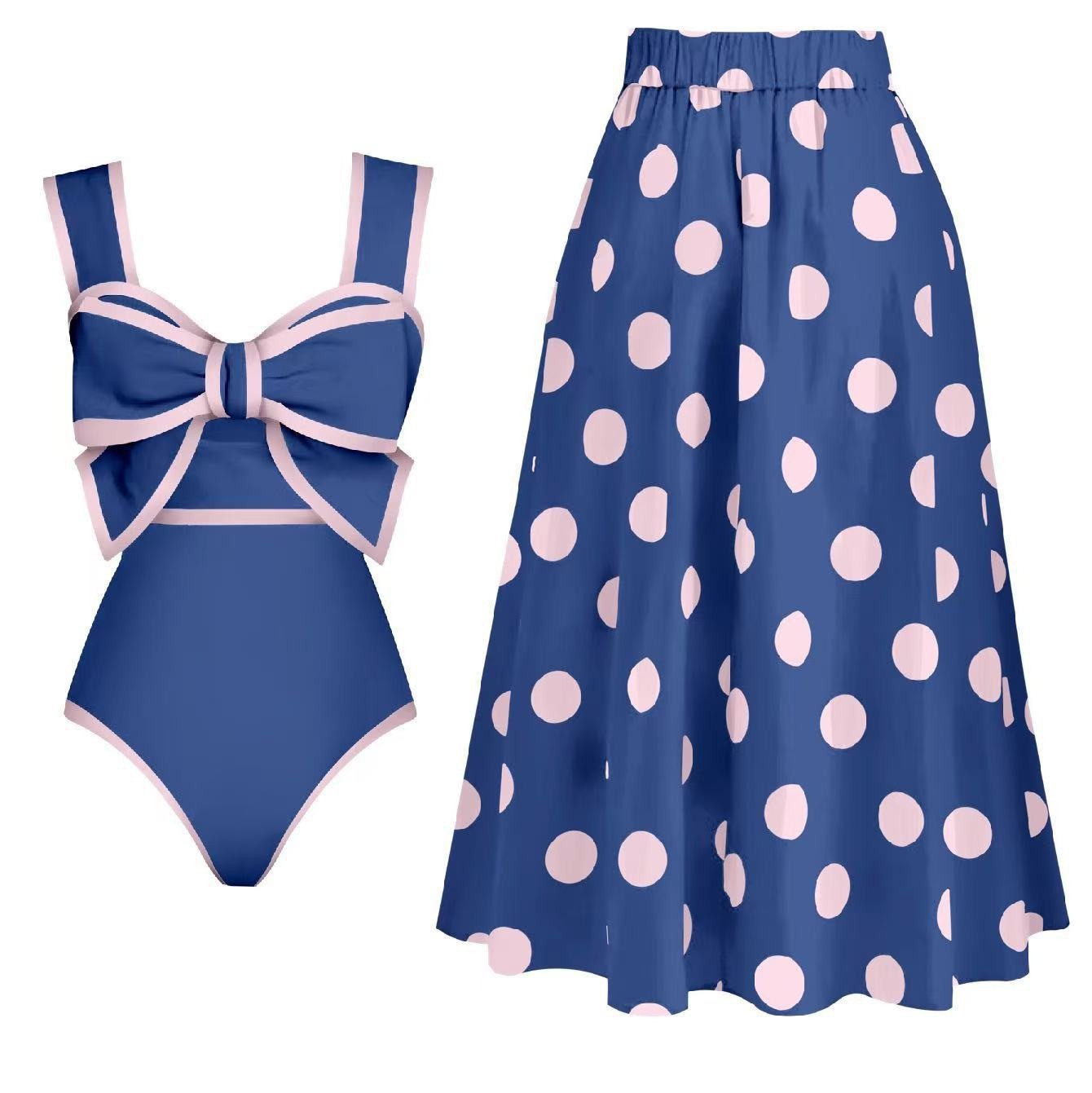 Women's Retro Polka Dot Sleeveless A-Line Midi Swimwear Skirt Suit