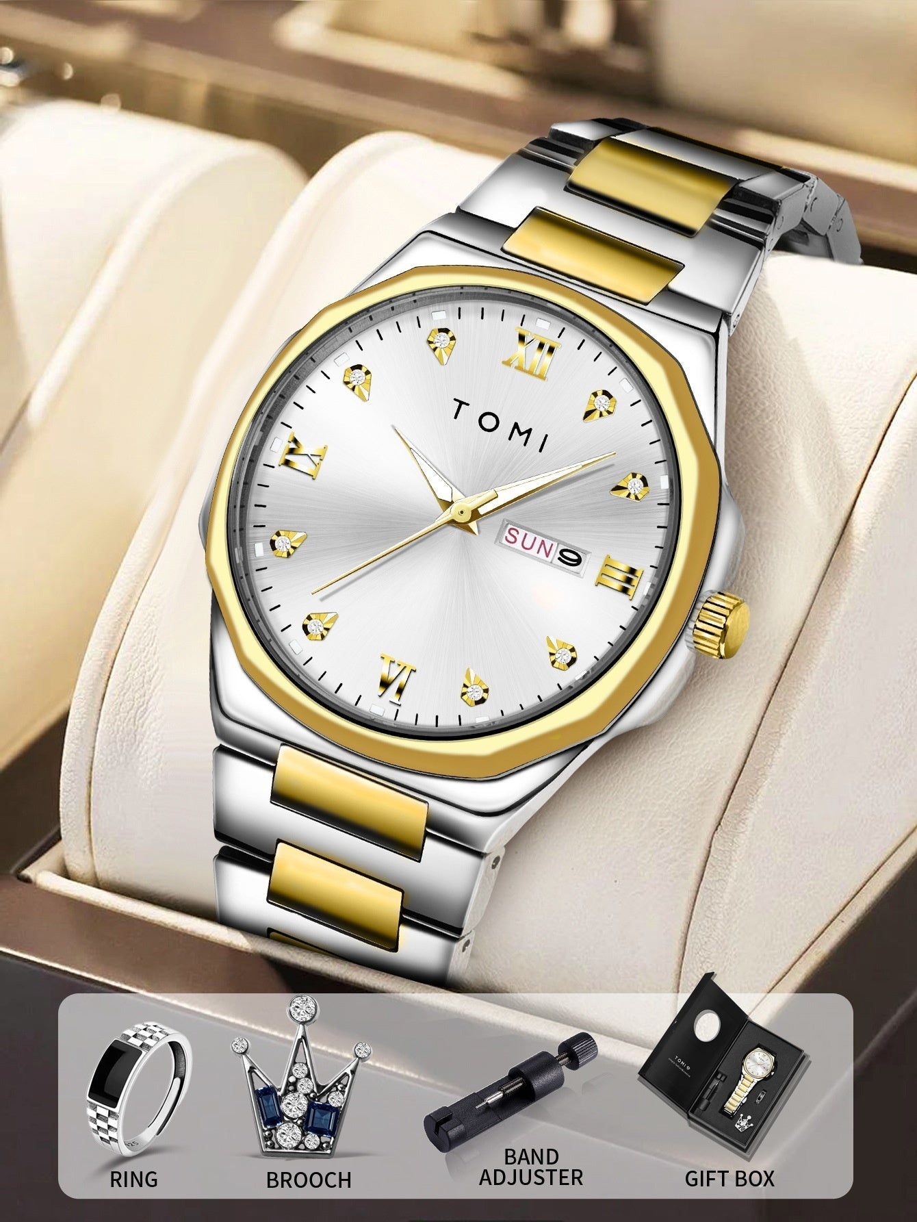 Simple Diamond Encrusted Quartz Watch with Stainless Steel Strap