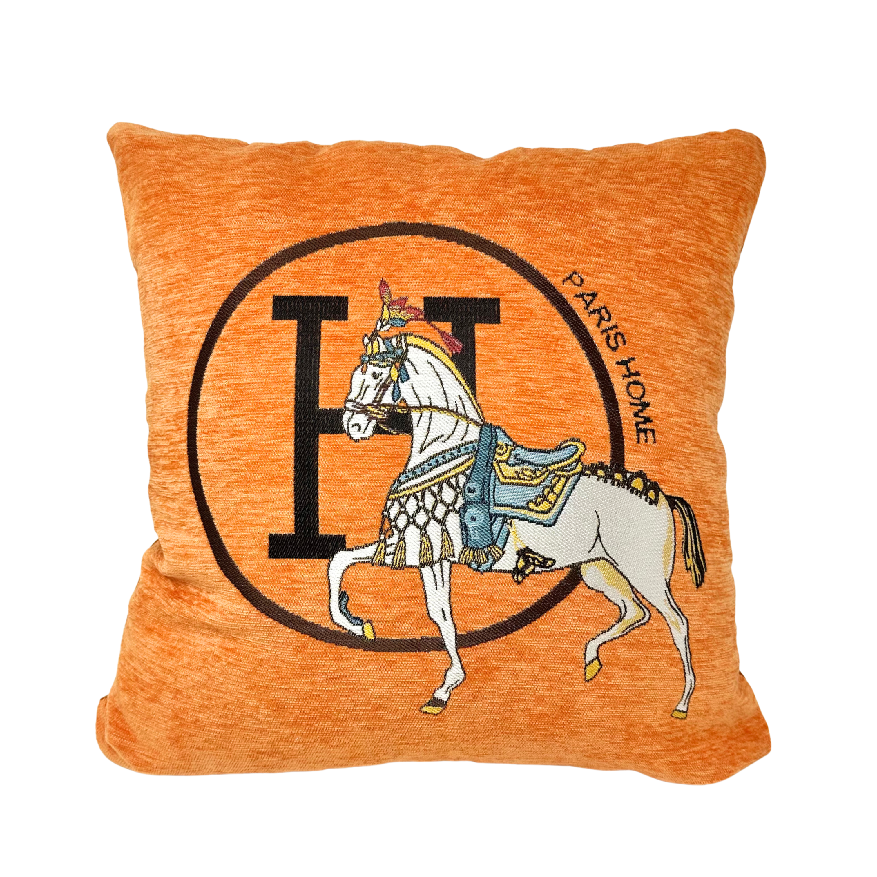 Orange horse-themed throw pillow cover on a neutral sofa