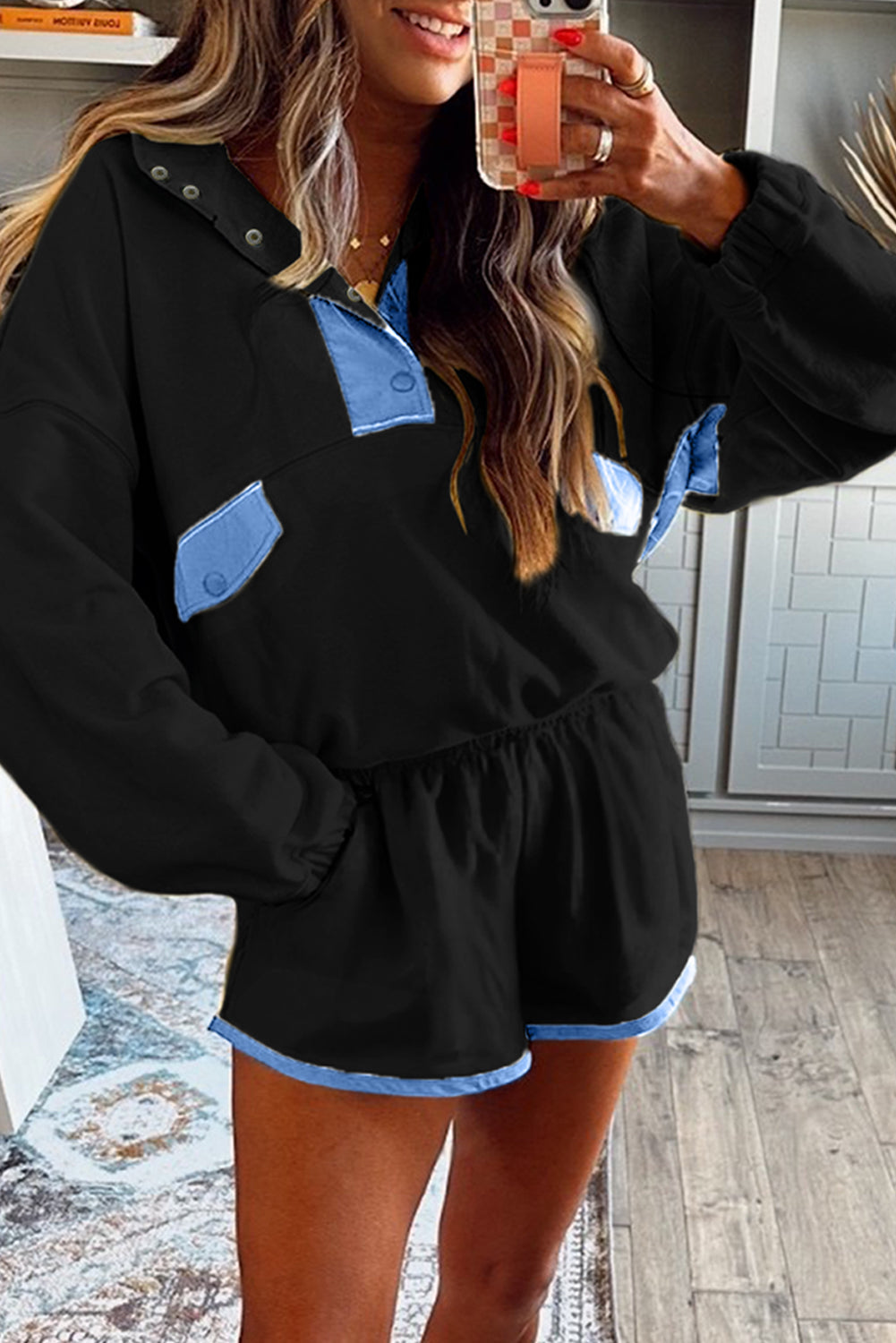 Yellow Colorblock Patchwork Half Button Pullover Shorts Set