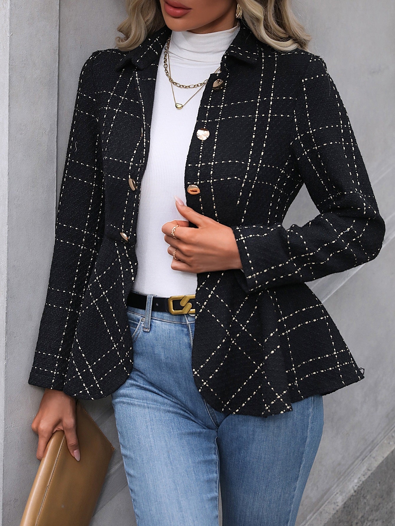 Women's Herringbone Peplum Jacket Button Front Tailored Blazer