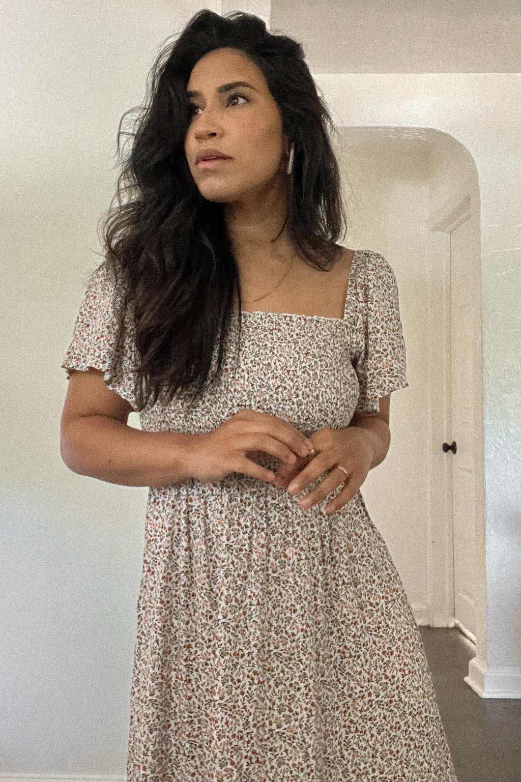 Ivory Floral Smocked Maxi Dress