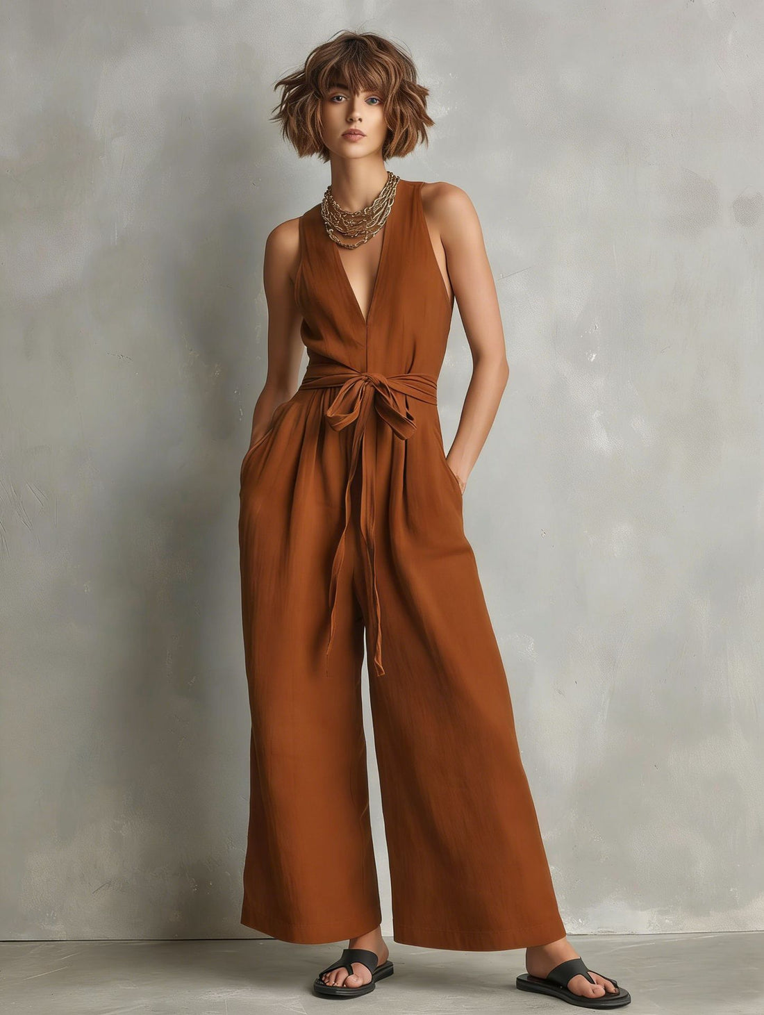 Women's V-Neck Sleeveless Jumpsuit with Waist Tie in Gray - Image 9