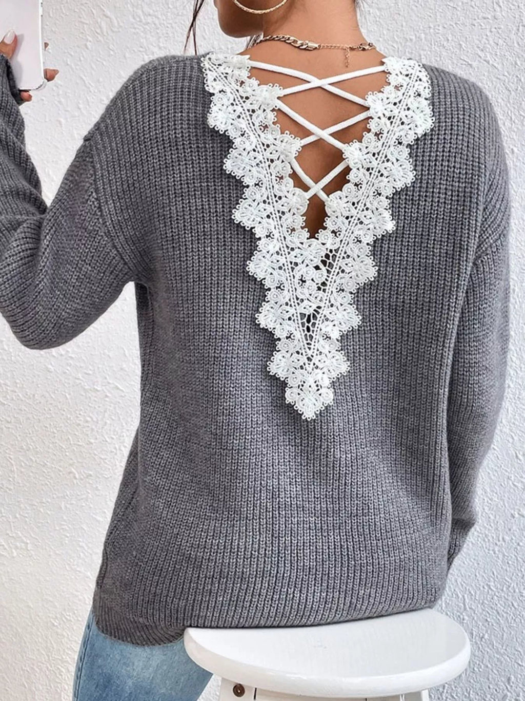 Lace-Trimmed Back V-Neck Sweater