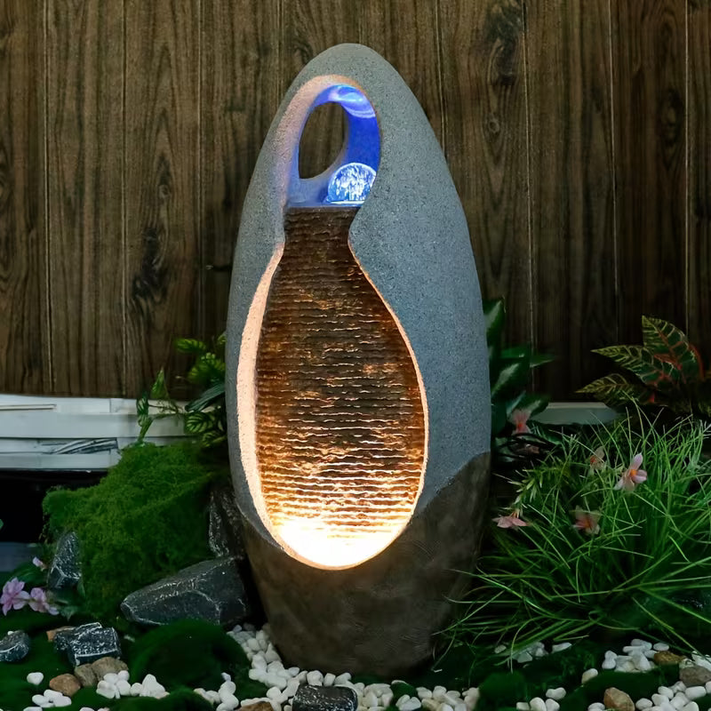 27.6 in Floor-Standing Cobblestone Fountain with Lights