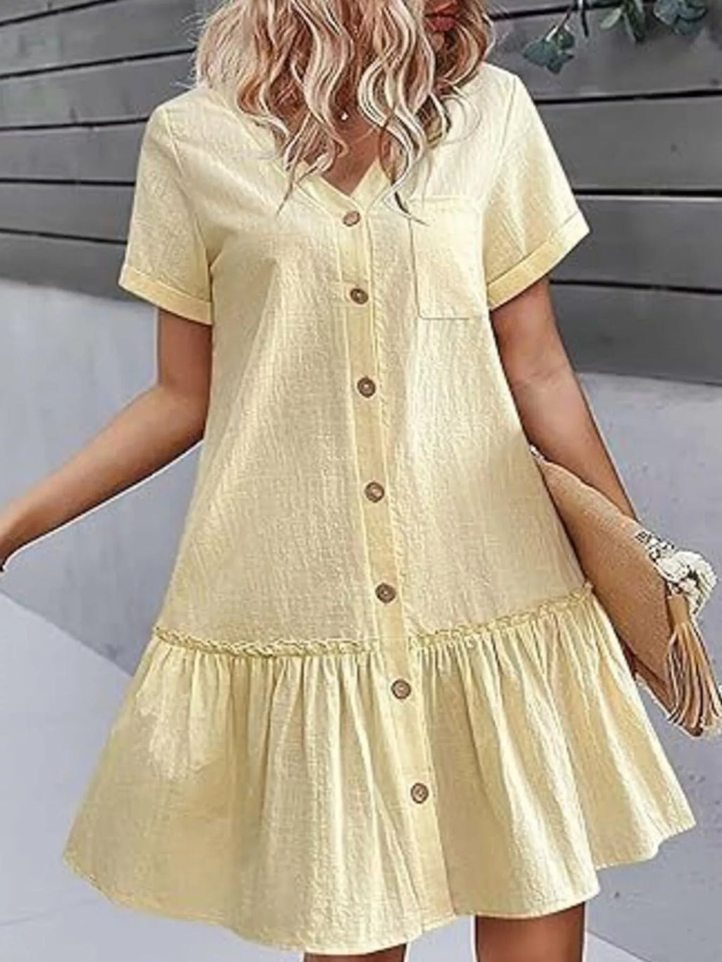 Full Size Button-Front Short Sleeve Tiered Dress Plus Size