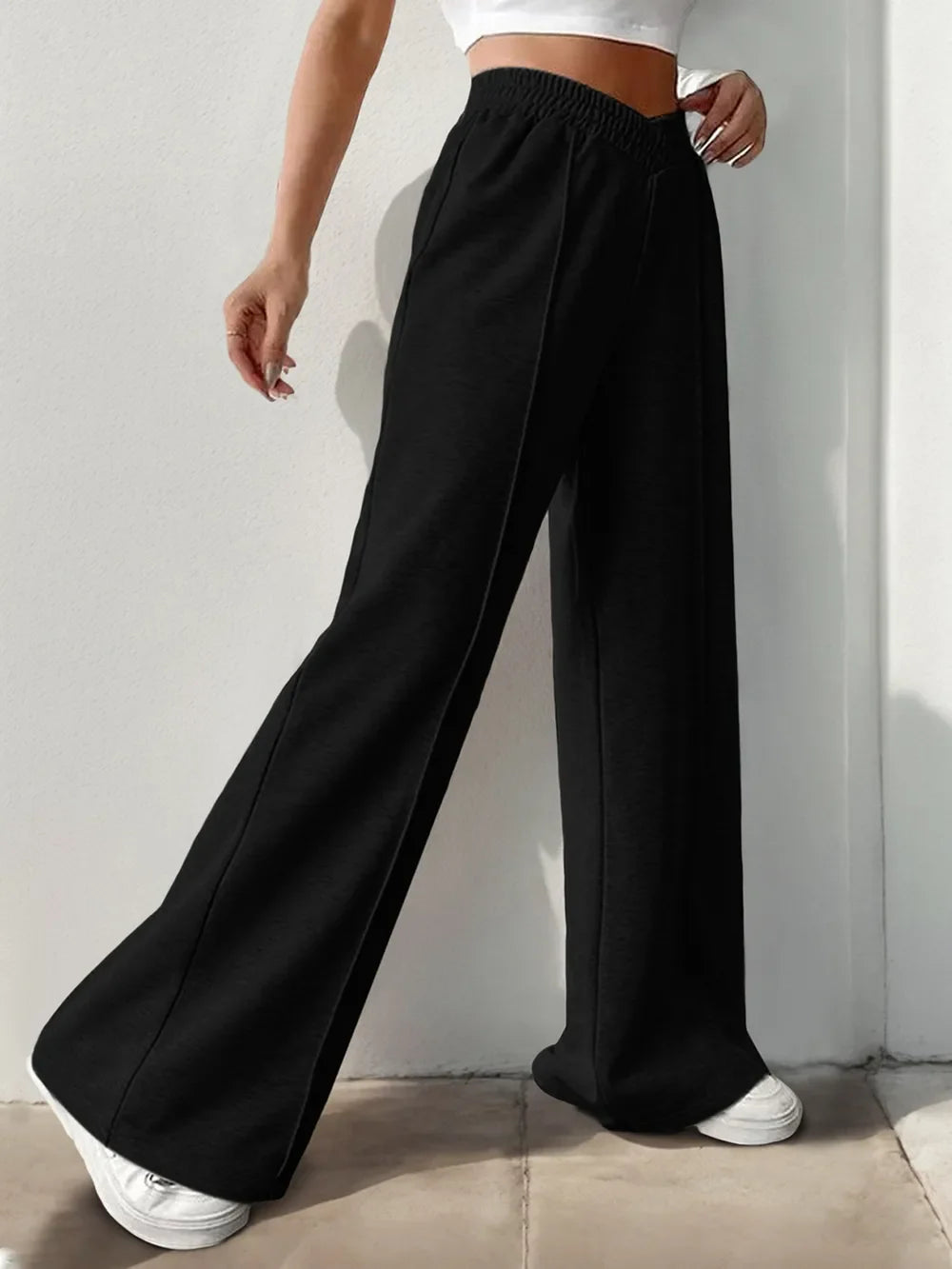 Elastic Waist Wide Leg Pants | Grey Knit Relaxed Fit
